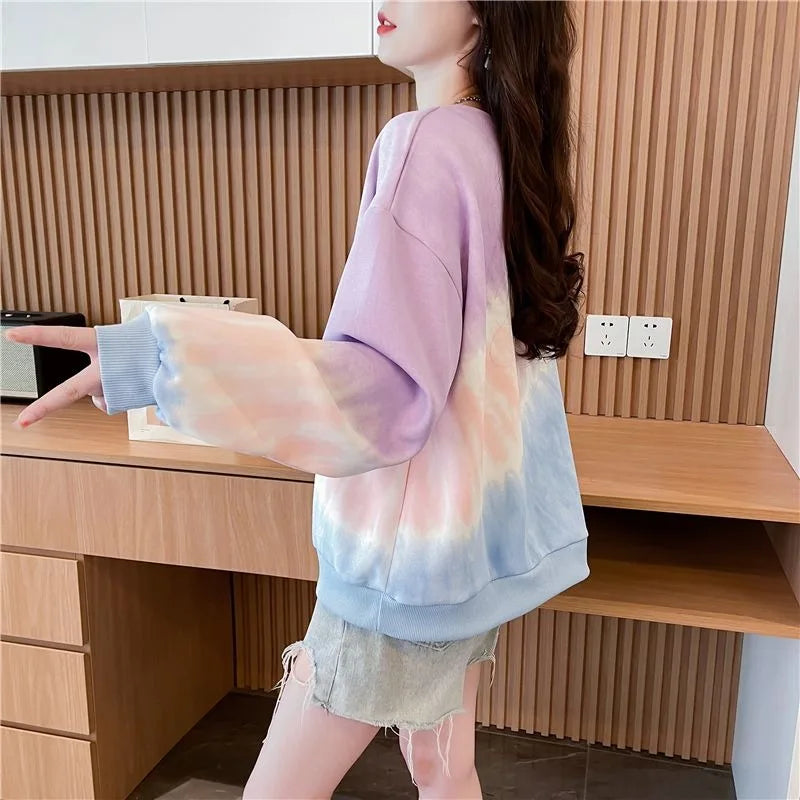 Tie Dye Gradient Pullover Top Korean Rainbow Ladies Sweatshirts