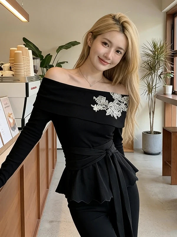 Elegant Embroidered Asymmetrical Women's Slim Fit Long Sleeve Top