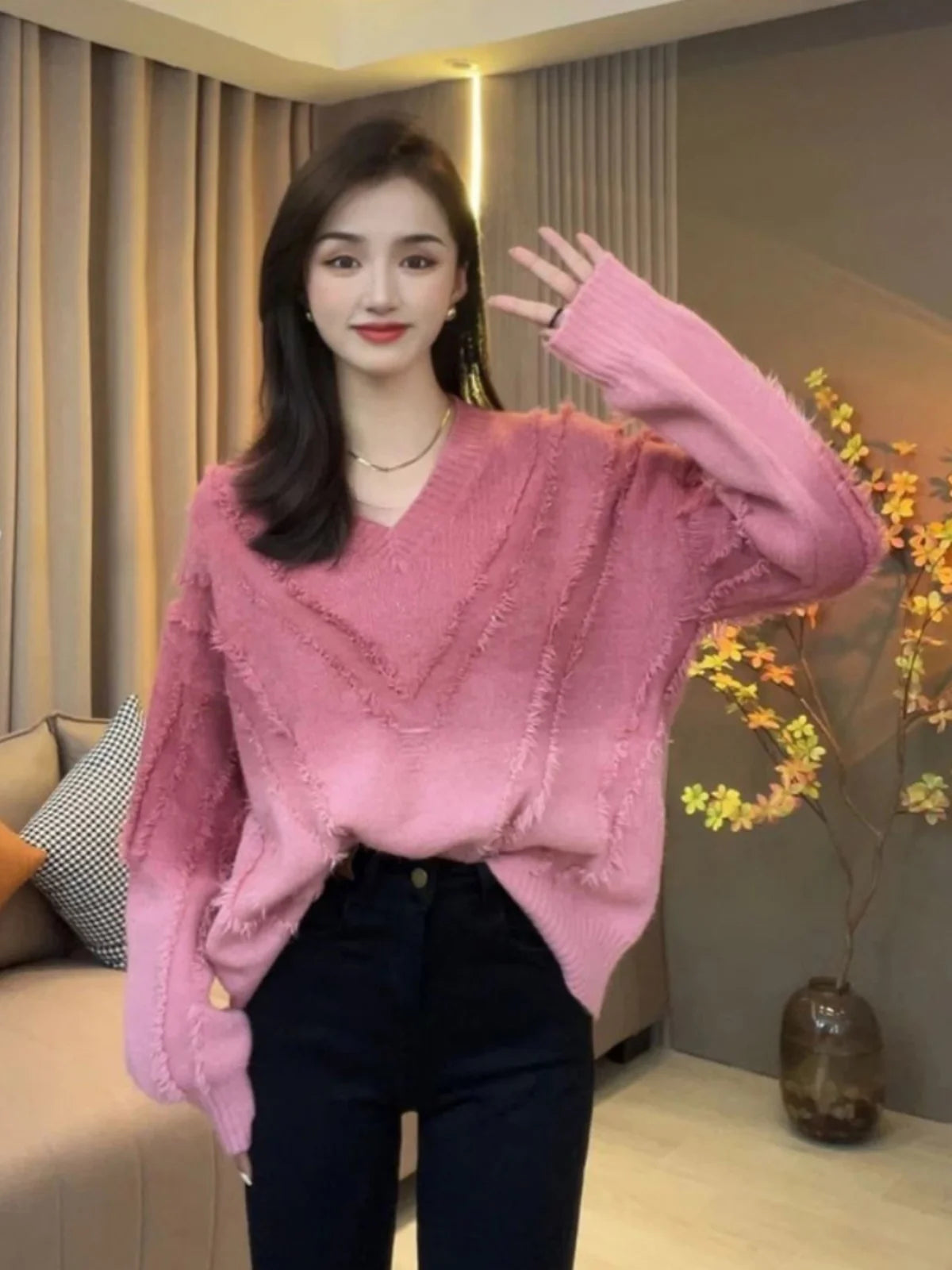 Loose Knitted V-Neck Long Sleeve Sweater