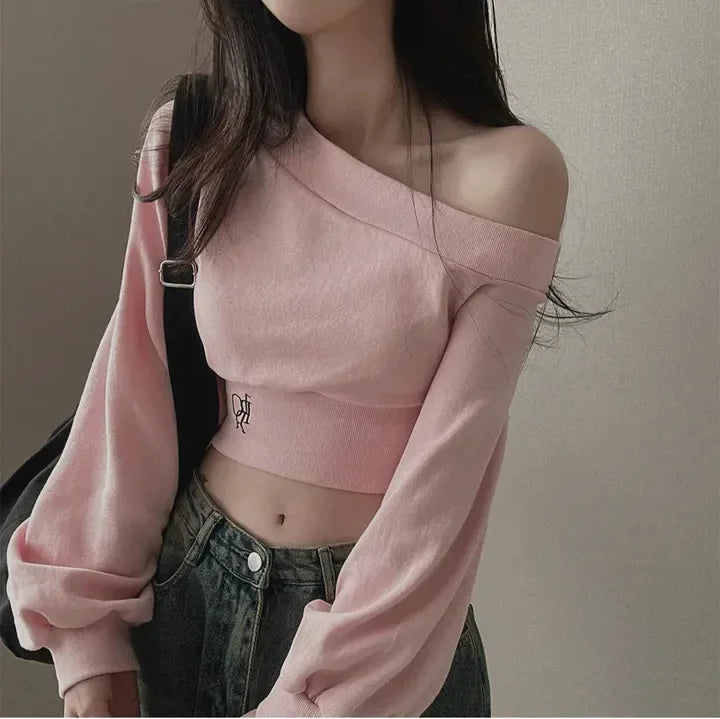 Korean Style Chic Hoodie Irregular Slash Neck Off Shoulder Long Sleeve Solid Waist Versatile