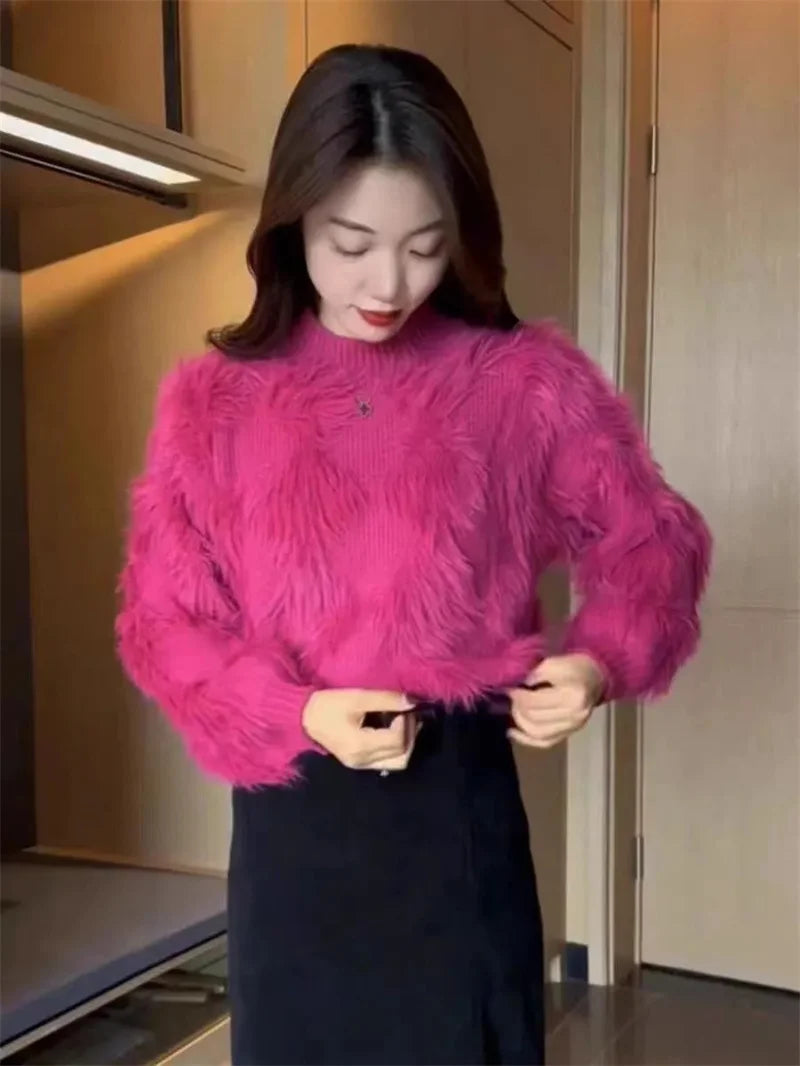 Korean Style Solid Color Pullover Long Sleeves Knitted Tops