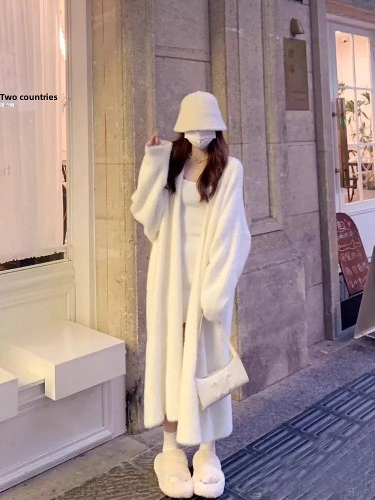 Knit Open Cardigan Mid-Length Loose Knitted Outerwear Coat