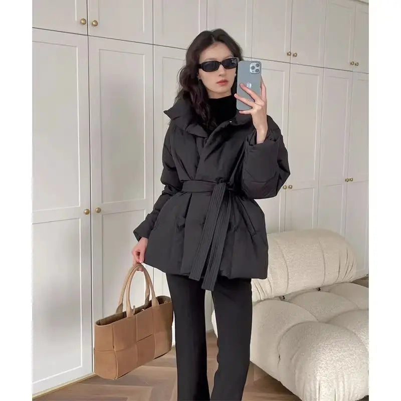 High-end Cotton Coat Belt Black Cotton-padded Jacket