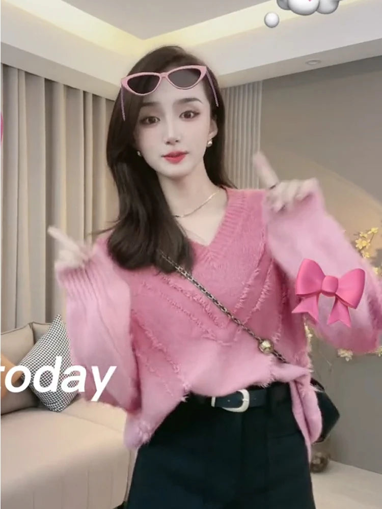 Loose Knitted V-Neck Long Sleeve Sweater
