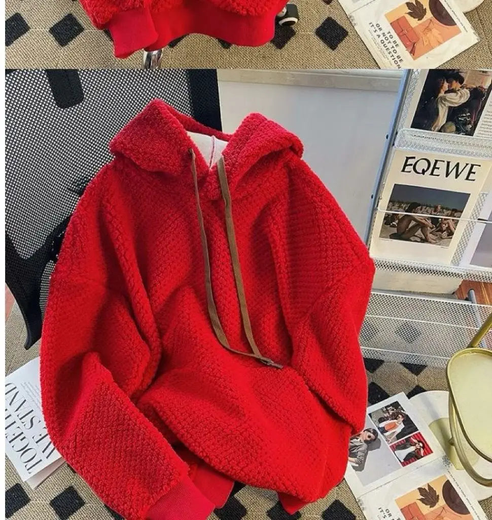 Korean Style Oversize Soft Thick Drawstring Knit Hoodie Top Sweater