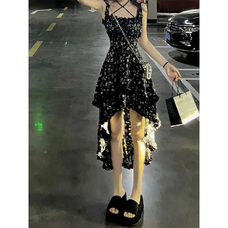 Floral Slimming Irregular Hemline Spaghetti Strap Dress with Square Neckline Waist-cinching