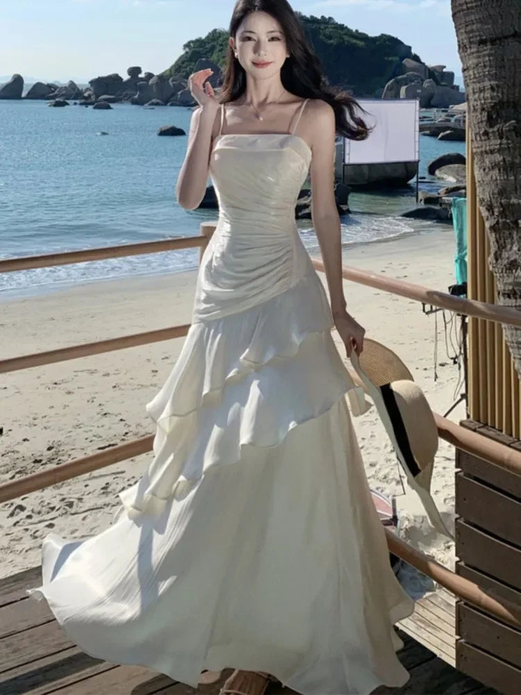 Elegant Irregular Spaghetti Strap Sleeveless Long Dress
