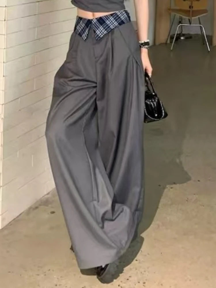 Preppy Style Trouser-suit Sleeveless Slash Neck Tops + Loose High-waist Baggy Pants