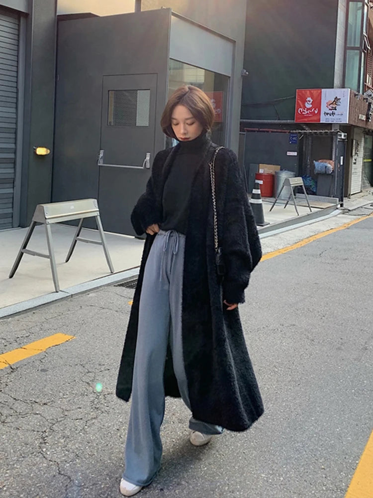 Knit Open Cardigan Mid-Length Loose Knitted Outerwear Coat