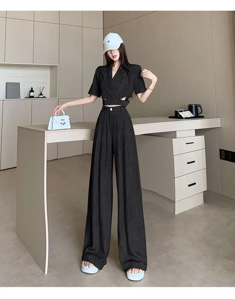 Office Lady Turn Down Collar Blazer + Wide Leg Pants Elegant Suit Top Two Piece Set