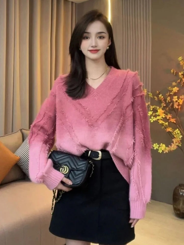 Loose Knitted V-Neck Long Sleeve Sweater