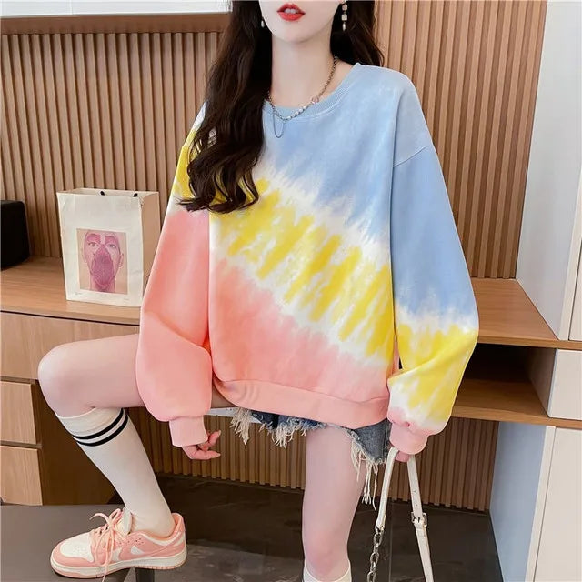 Tie Dye Gradient Pullover Top Korean Rainbow Ladies Sweatshirts