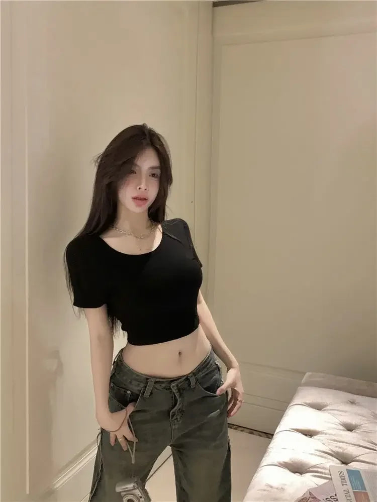 Vintage Lady Backless  Sexy Slim O-neck T-shirts Women Crop Club Tops