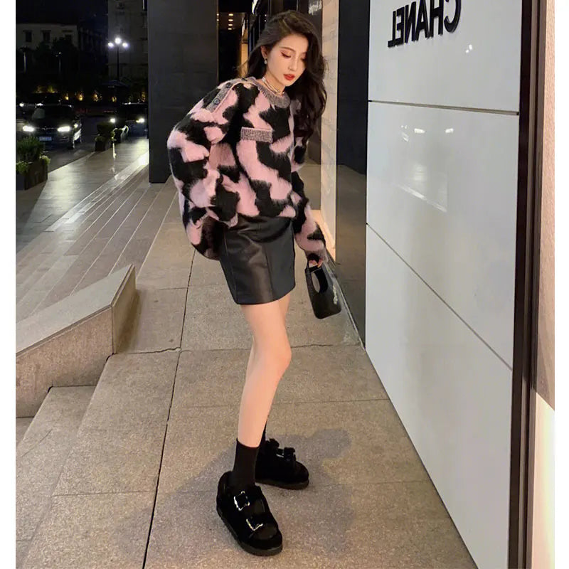 Loose Style Stripe Contrast Round Neck Pullover Thick Knitted Top Sweater