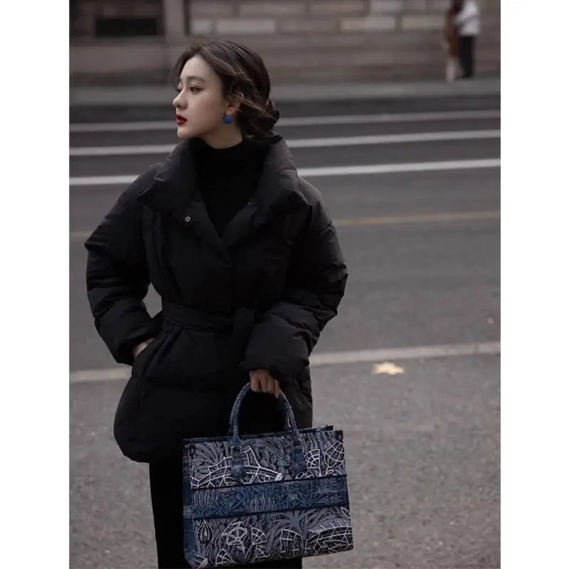 High-end Cotton Coat Belt Black Cotton-padded Jacket