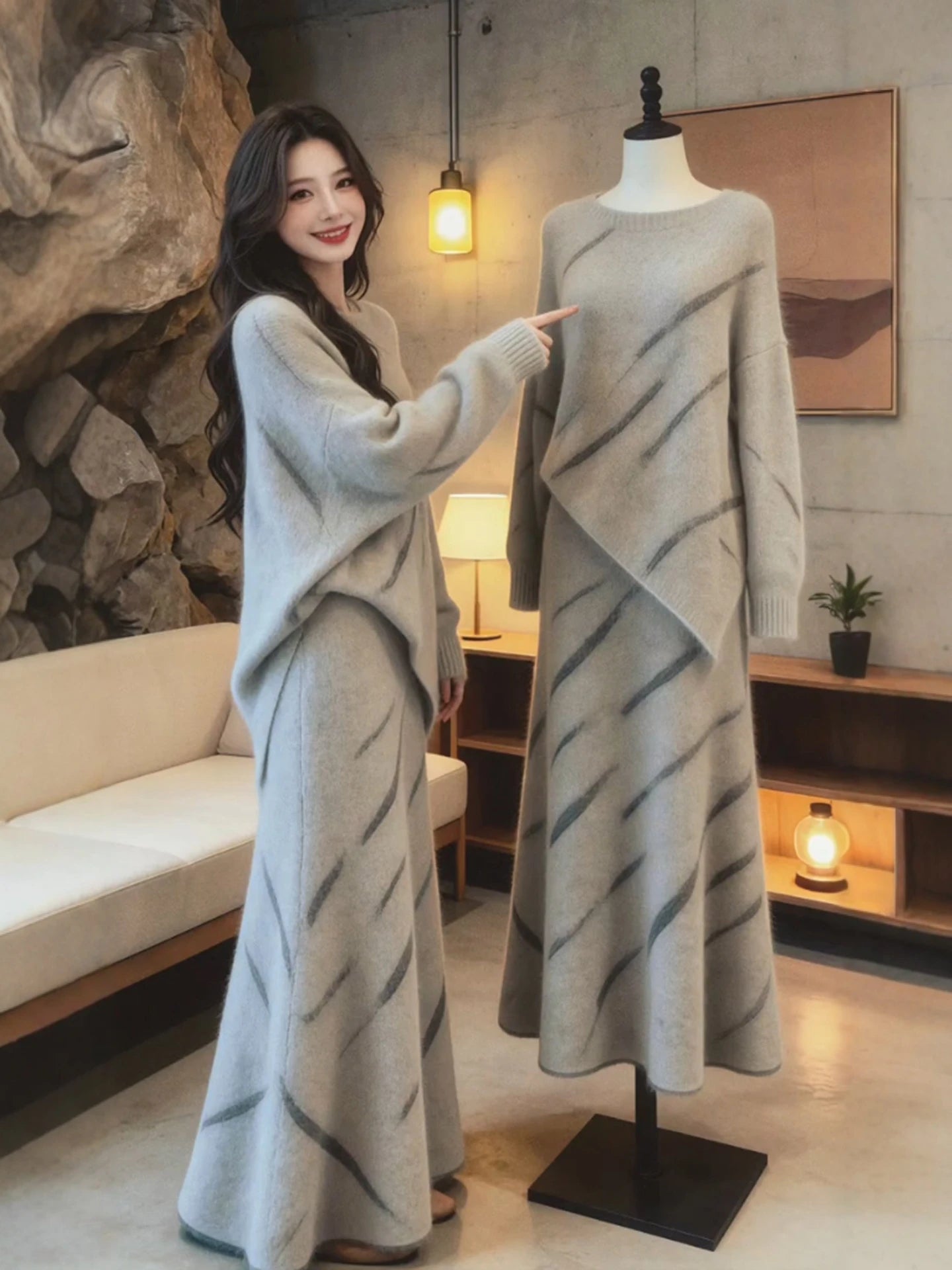 Knitted  Loose Fit High Waist Sweater And  Skirt Two-Piece Set