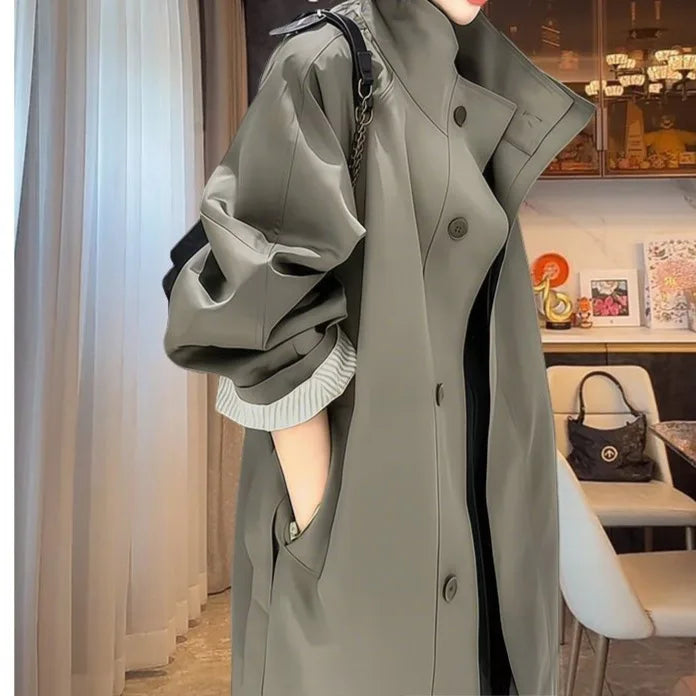 Elegant Style Stand Collar Oversized Striped Sleeve Trench Coat
