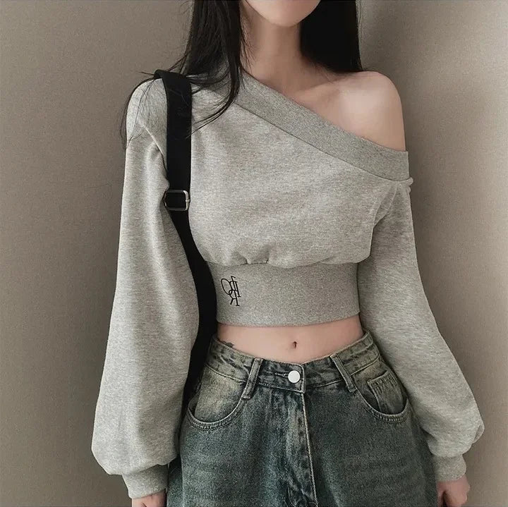 Korean Style Chic Hoodie Irregular Slash Neck Off Shoulder Long Sleeve Solid Waist Versatile