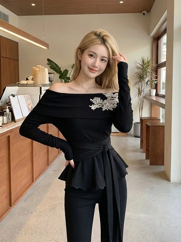 Elegant Embroidered Asymmetrical Women's Slim Fit Long Sleeve Top