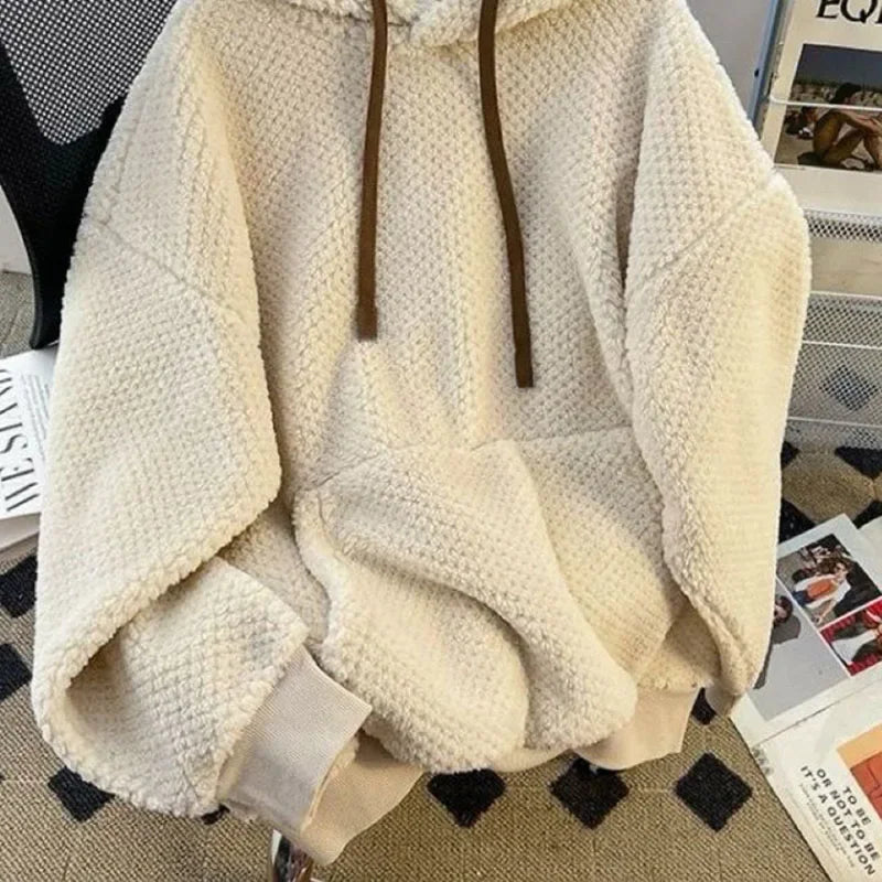Korean Style Oversize Soft Thick Drawstring Knit Hoodie Top Sweater