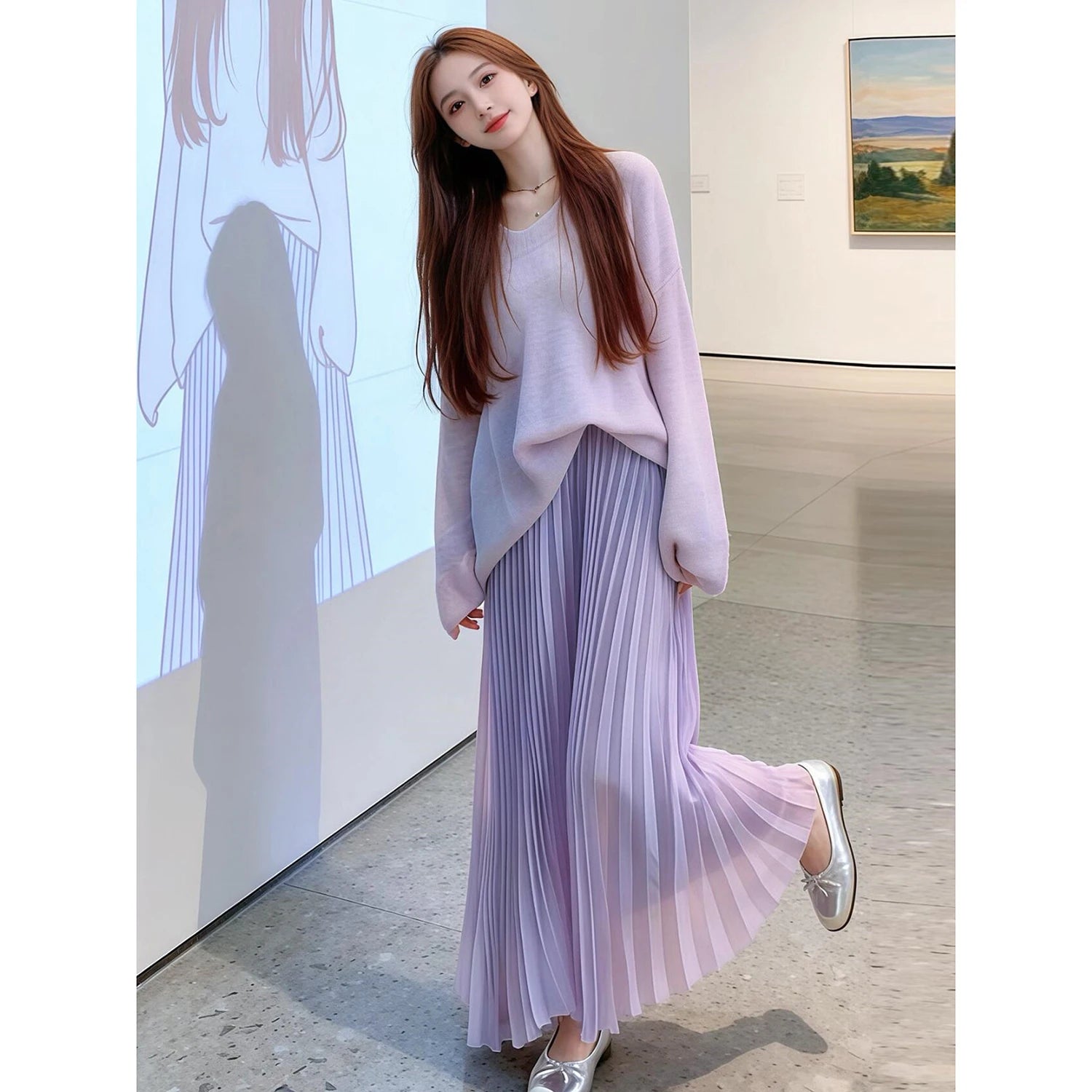 Korean Purple Sweater + Long Skirt Set Winter Casual