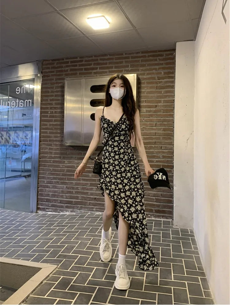 Korean Style Floral Maxi Slimming Long High Waist Zipper Closure Dress