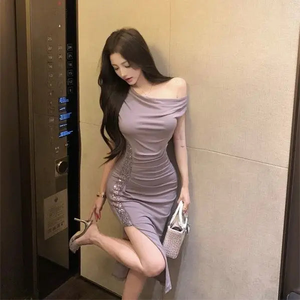 Elegant One Shoulder Sequin Split Evening Party Dress