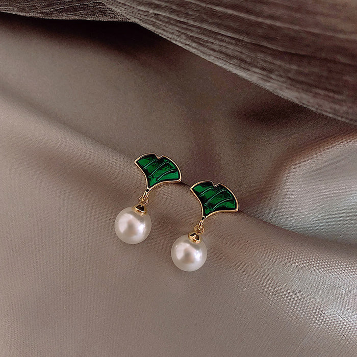 Elegant Ginkgo Leaf Imitation Pearl Stud Drop Earrings Sterling Silver Needle