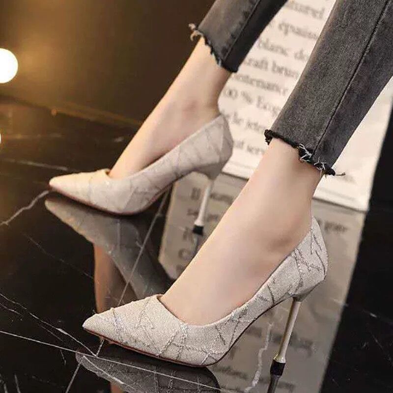 French Style Small Stiletto High Heel Round Head  Slip-on Shoes