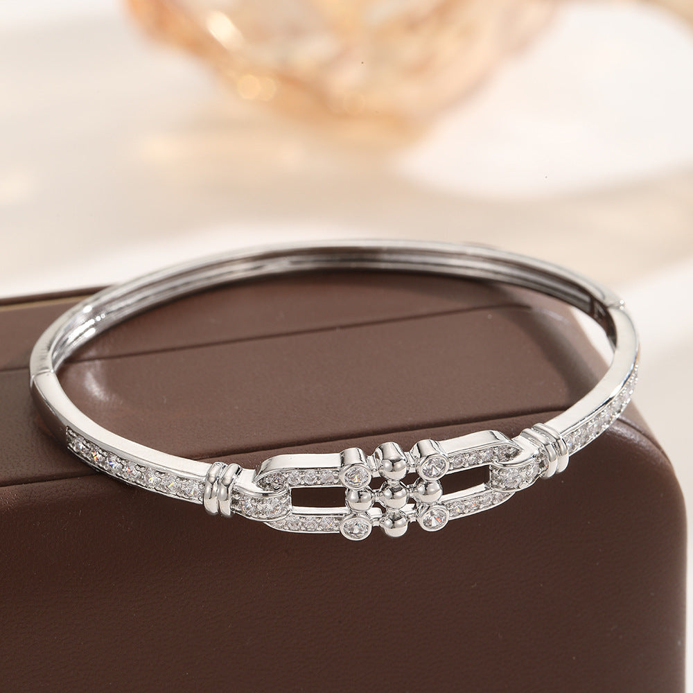 Elegant Exquisite Sparkling Horseshoe Cuff Sterling 925 Buckle Bracelet Bangle