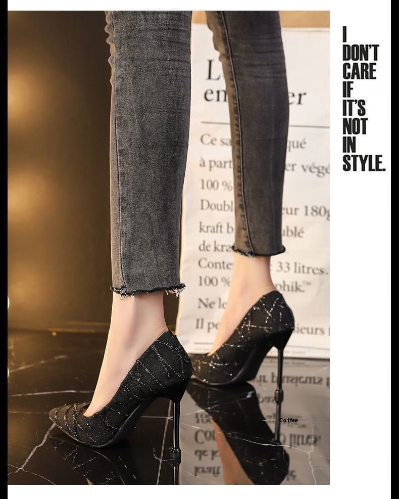 French Style Small Stiletto High Heel Round Head  Slip-on Shoes