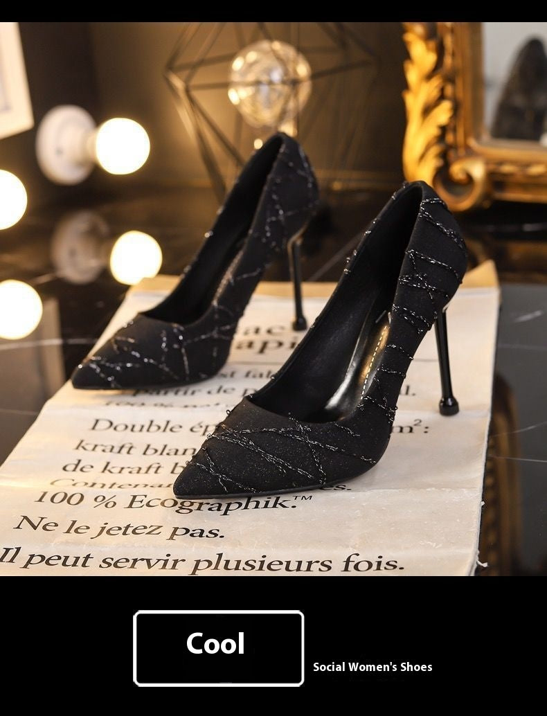 French Style Small Stiletto High Heel Round Head  Slip-on Shoes