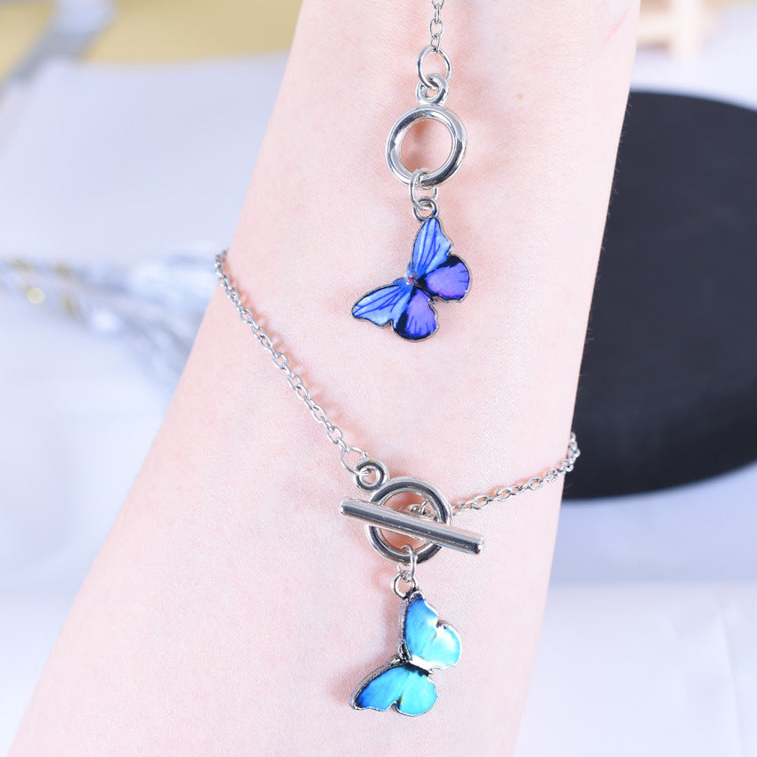 Elegant Exquisite Gradient Enamel Blue Butterfly OT Link Buckle Chain Bracelet