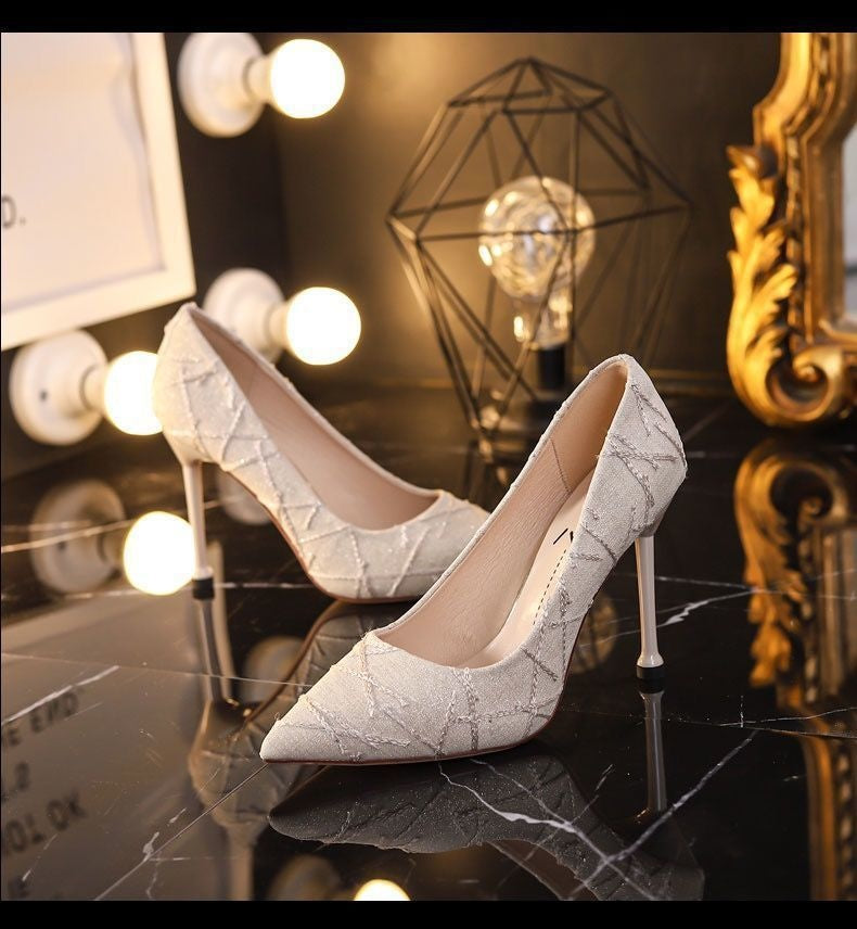 French Style Small Stiletto High Heel Round Head  Slip-on Shoes