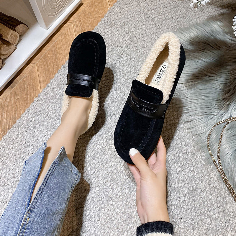 Retro Velvet Warm Cotton Round Head Slip On Slippers Shoes