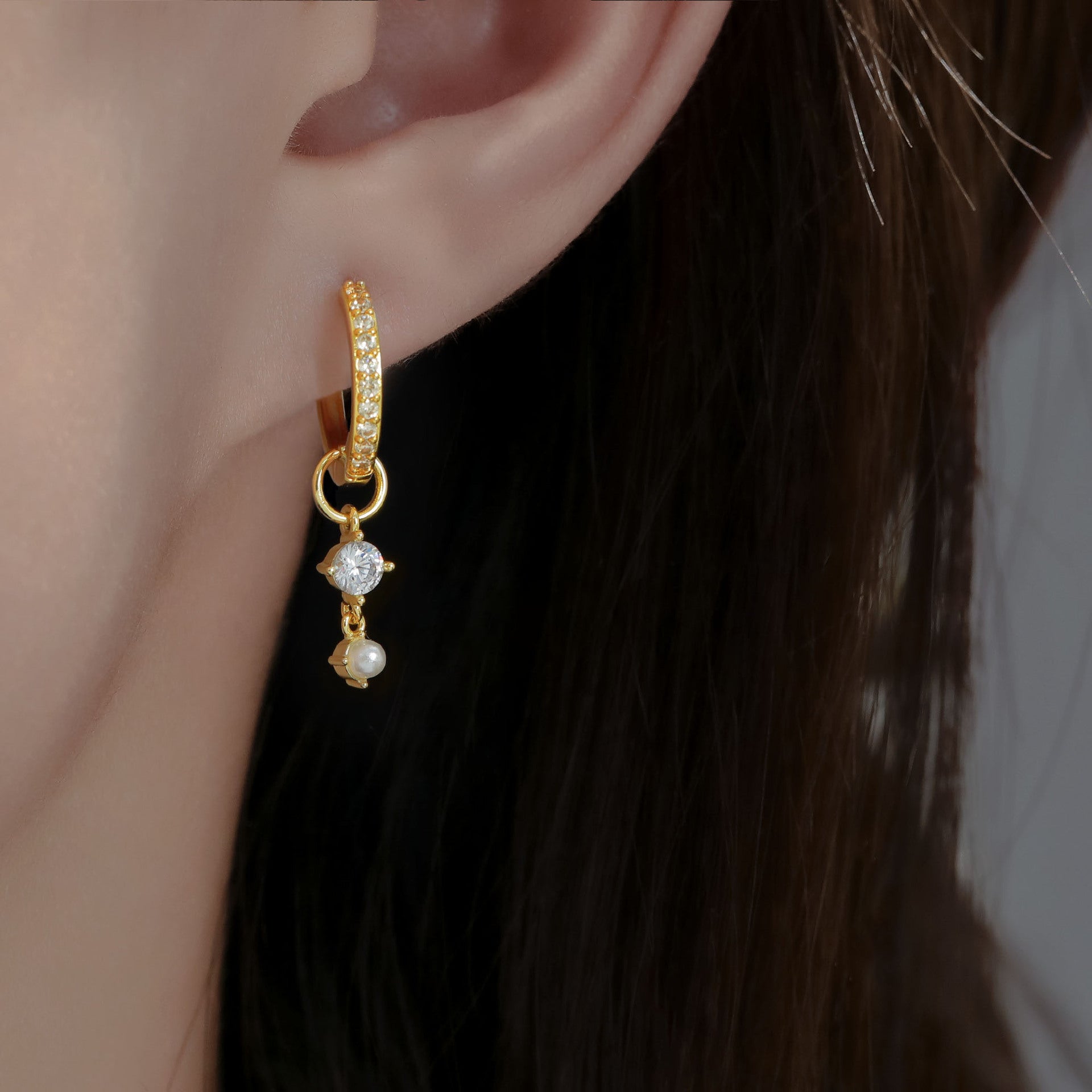 New Exquisite Gold Plated Swing Drop Rhinestone Oval Hoop Sterling Earrings Pair