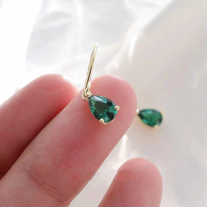 Handmade Emerald Water Drop Zircon 925 Silver 14K Gold Earrings