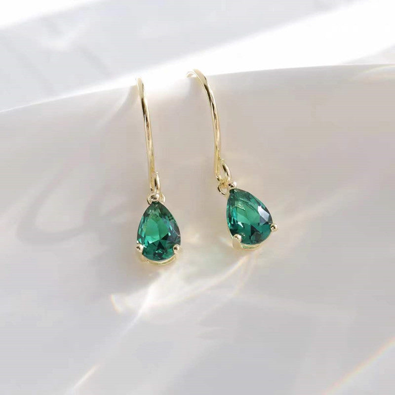 Handmade Emerald Water Drop Zircon 925 Silver 14K Gold Earrings