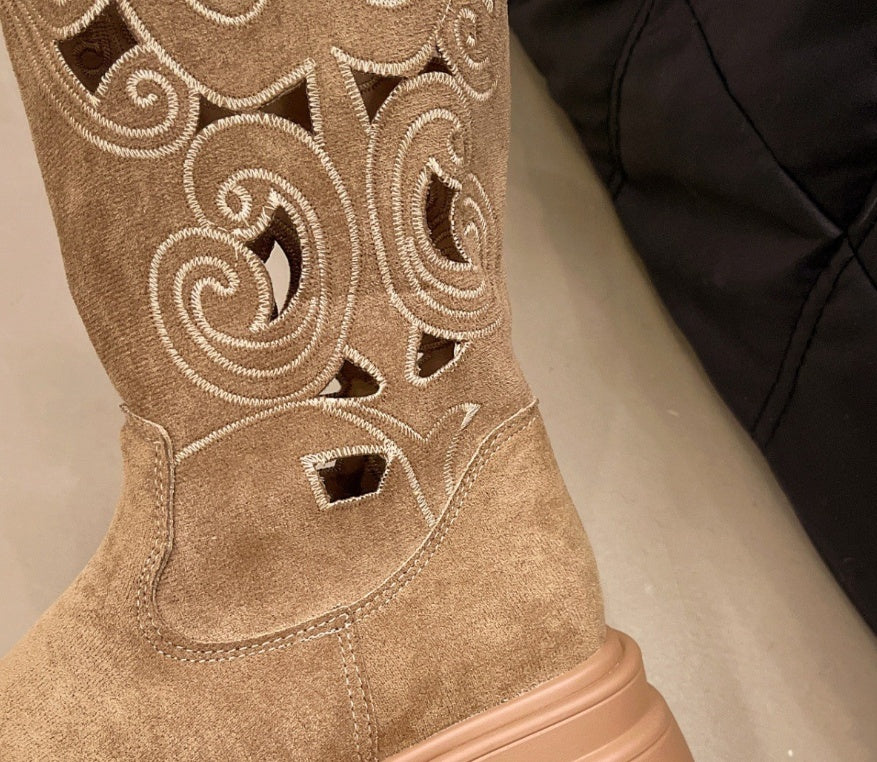 American Style Platform Heel Round Head Slip On Mid Calf Cowgirl Boot