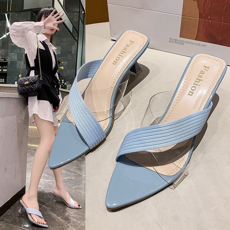 NYC US Style Pointed Stiletto Transparent Cross-strap Thin Heel Sandals Slippers