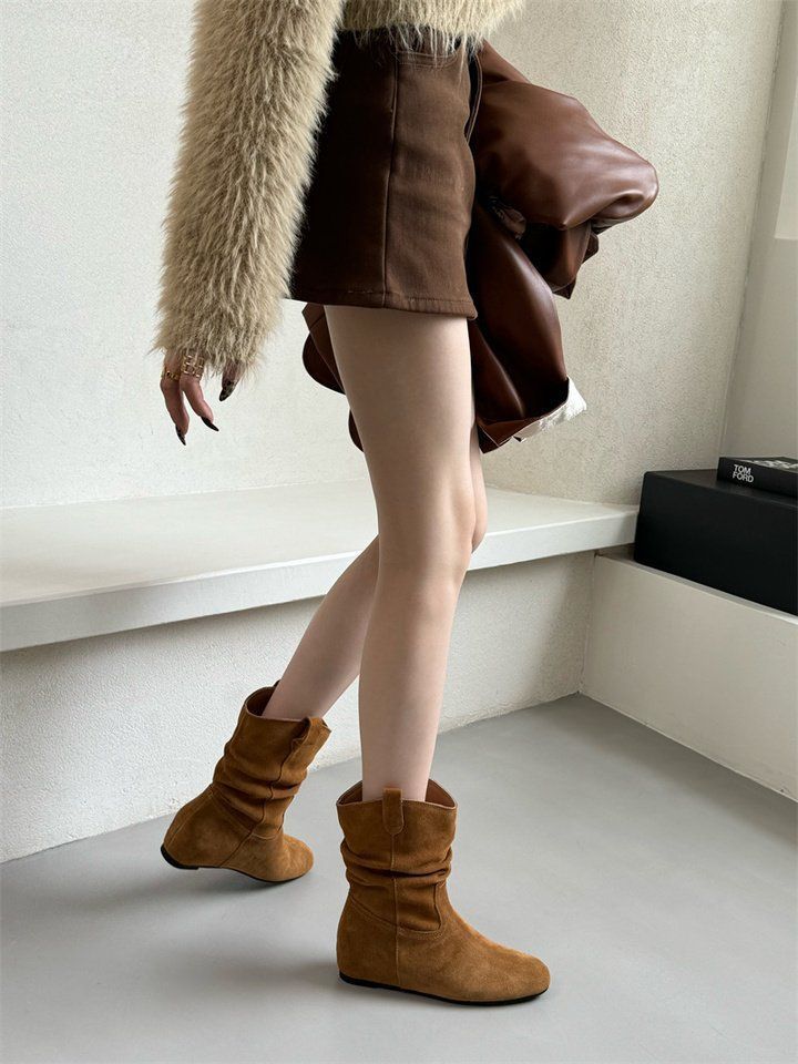 French Style Retro Frosted High Sleeve Western Cowboy Round Head Boot