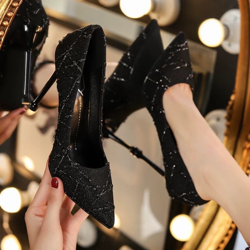 French Style Small Stiletto High Heel Round Head  Slip-on Shoes