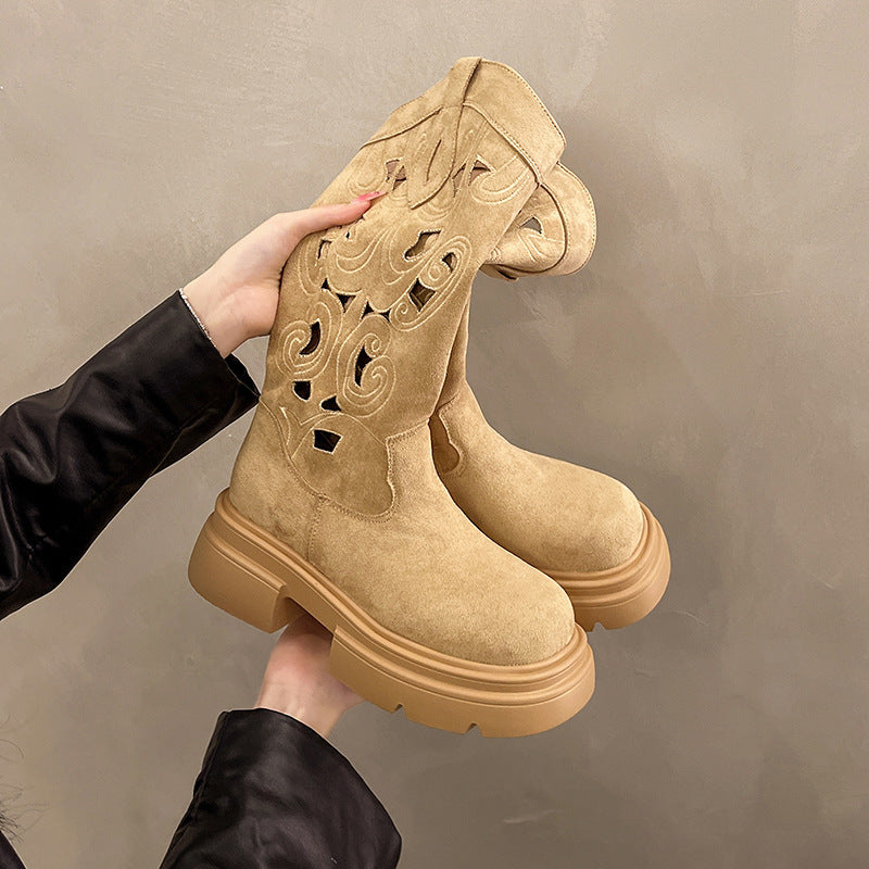 American Style Platform Heel Round Head Slip On Mid Calf Cowgirl Boot