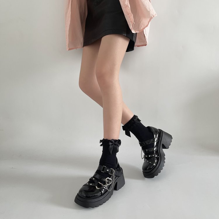 British Goth Style Platform Loafers Chunky Retro Thick High Heels Round Head Shoes