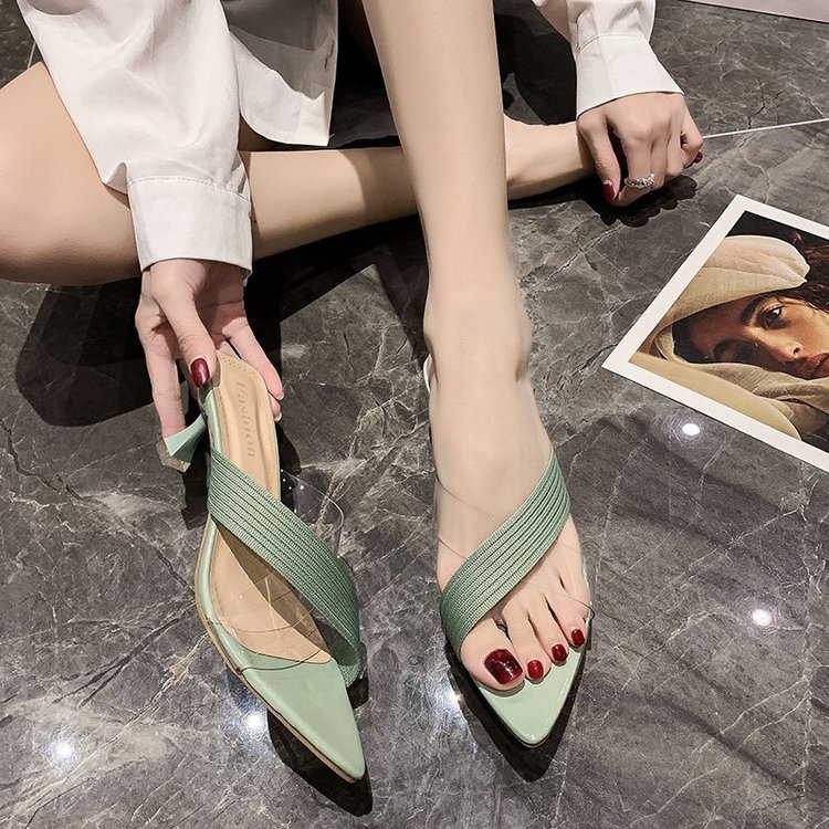 NYC US Style Pointed Stiletto Transparent Cross-strap Thin Heel Sandals Slippers