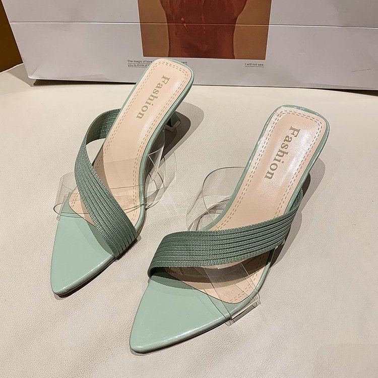 NYC US Style Pointed Stiletto Transparent Cross-strap Thin Heel Sandals Slippers