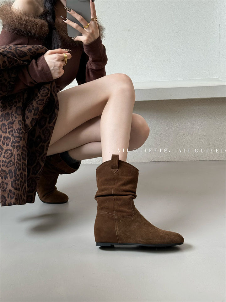 French Style Retro Frosted High Sleeve Western Cowboy Round Head Boot