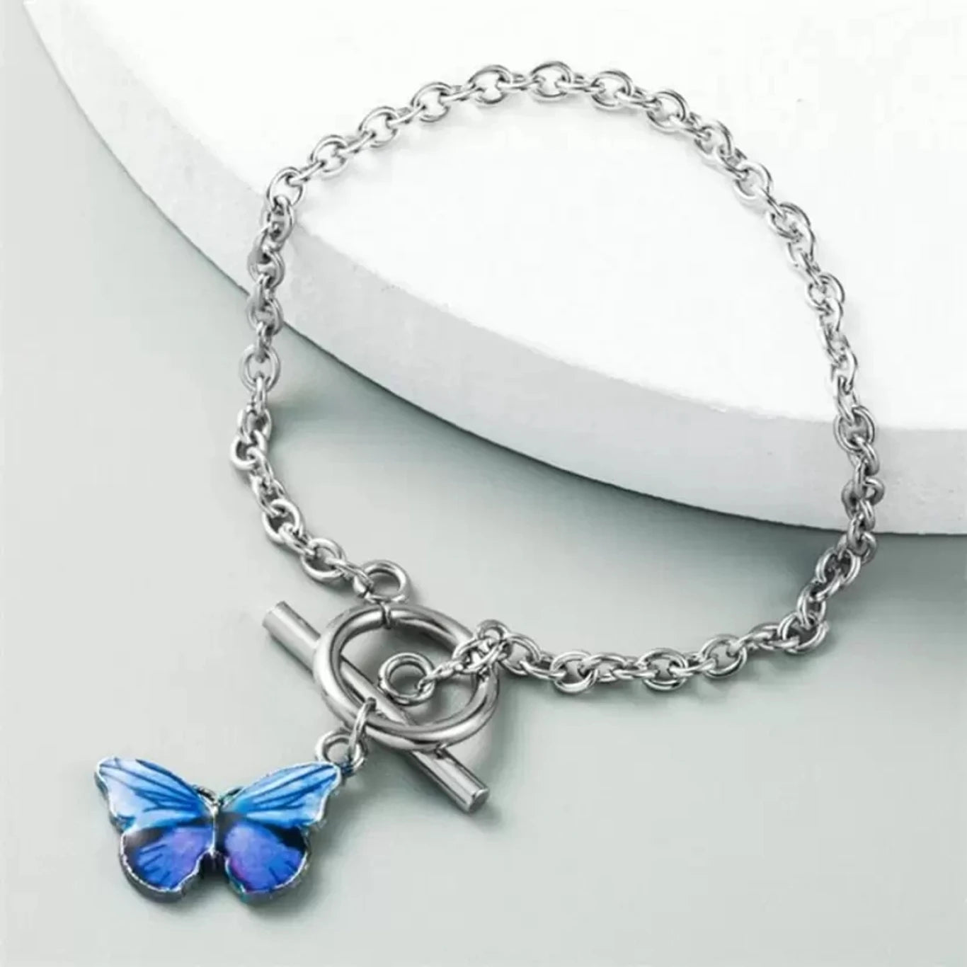 Elegant Exquisite Gradient Enamel Blue Butterfly OT Link Buckle Chain Bracelet