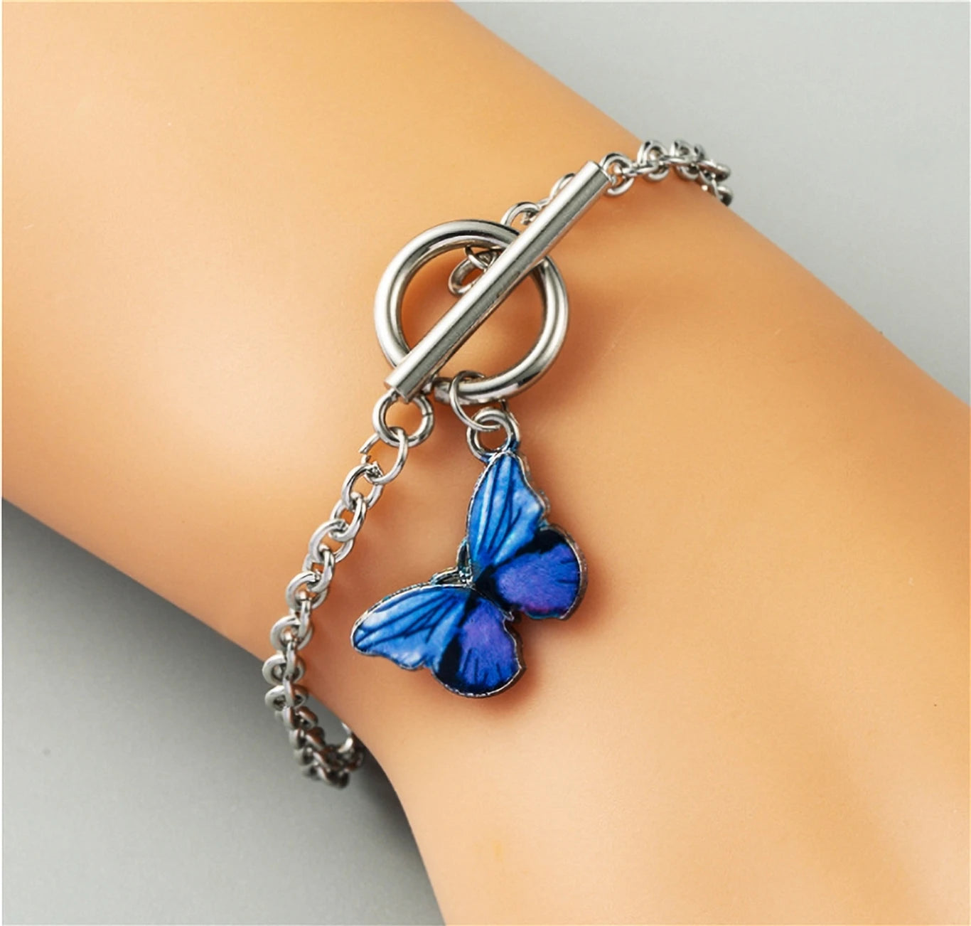 Elegant Exquisite Gradient Enamel Blue Butterfly OT Link Buckle Chain Bracelet