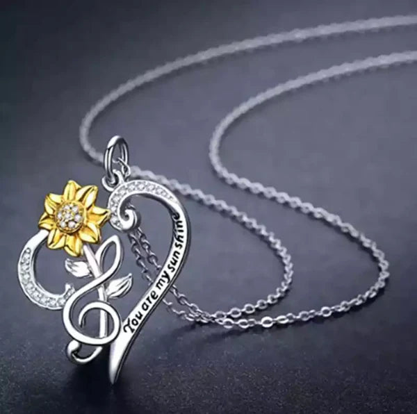 Sterling 14K Gold Plated You Are My Sunshine Sunflower Heart Charm Clavicle Chain Necklace